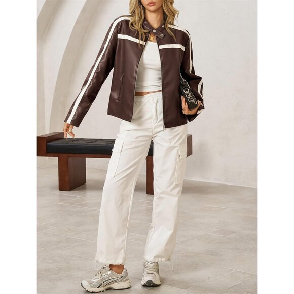 Women's Brown Faux Leather Zip Up Moto Biker Y2K Racing Bomber Jackets - Picture 6 of 7